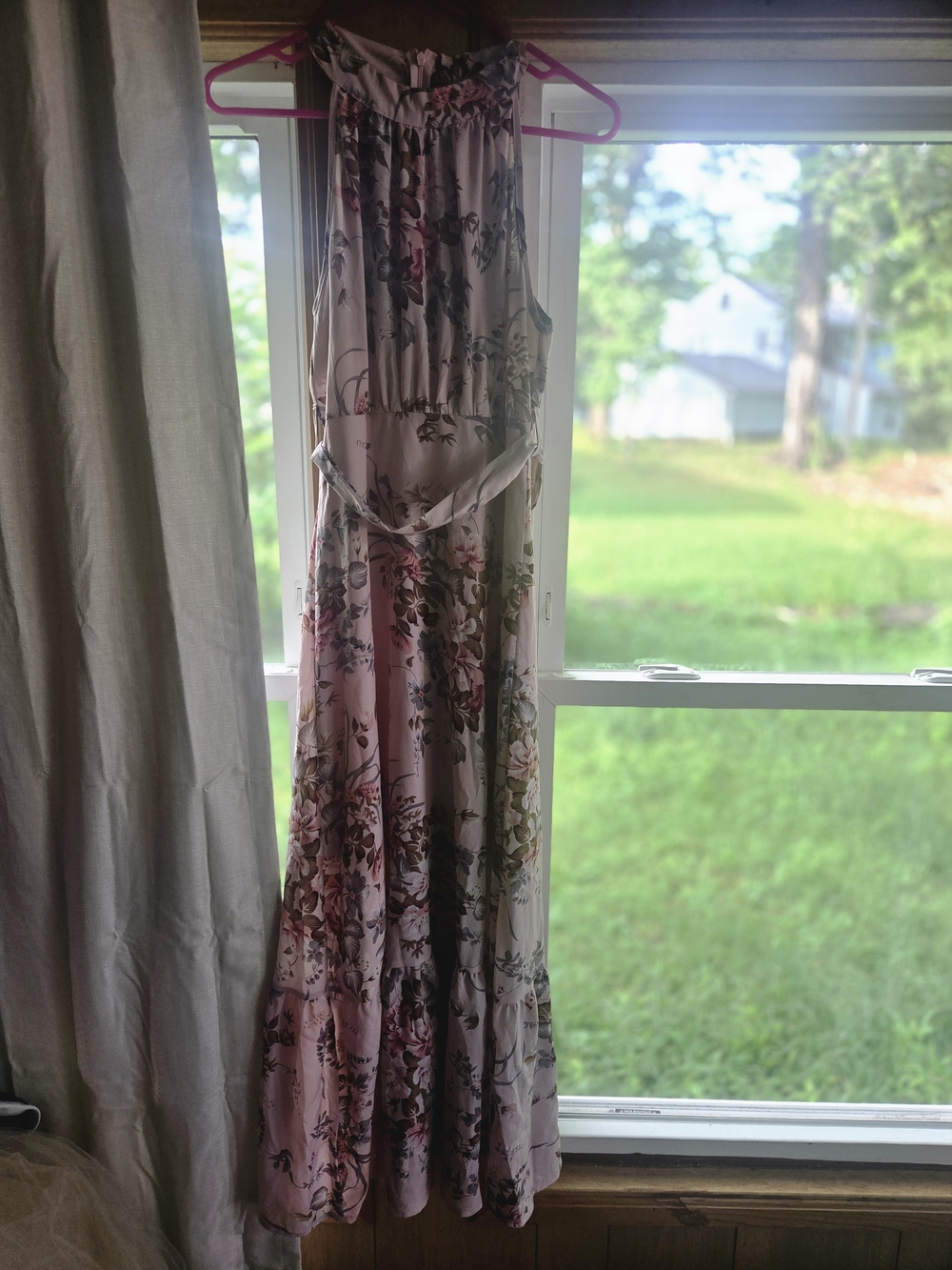 Pink Floral Maxi Dress with Tie Waist